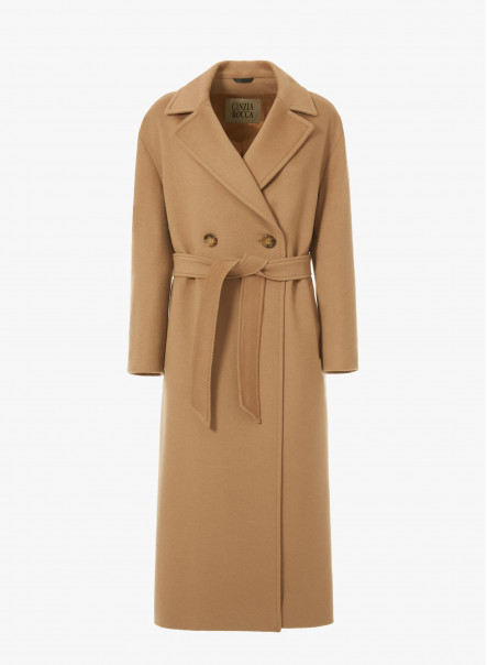 Double breasted camel belted coat in wool