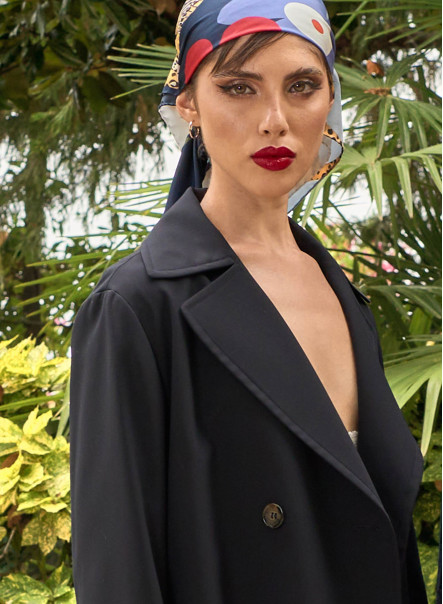 Maxi double breasted blue trench coat in rainproof technical fabric