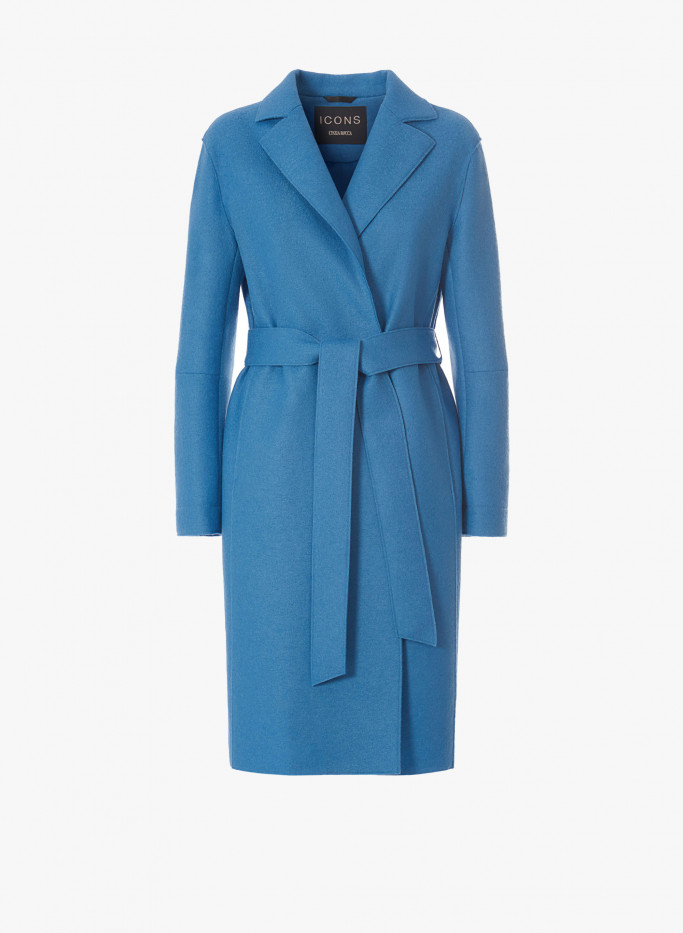 Cappotto azzurro con cintura in lana cotta