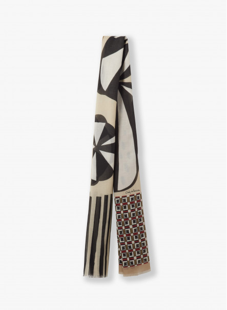 Maxi sciarpa in cotone con disegno astratto color tabacco