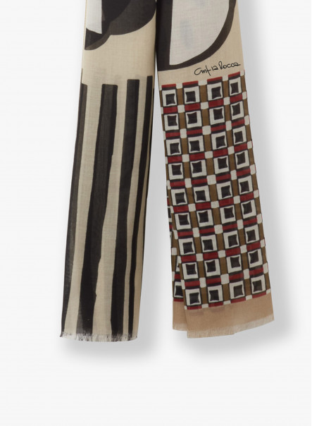 Maxi sciarpa in cotone con disegno astratto color tabacco