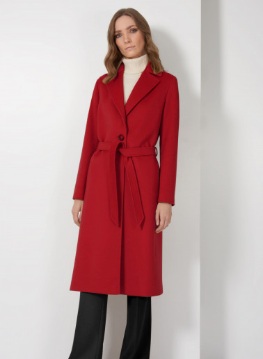 Belted fitted red pure wool coat