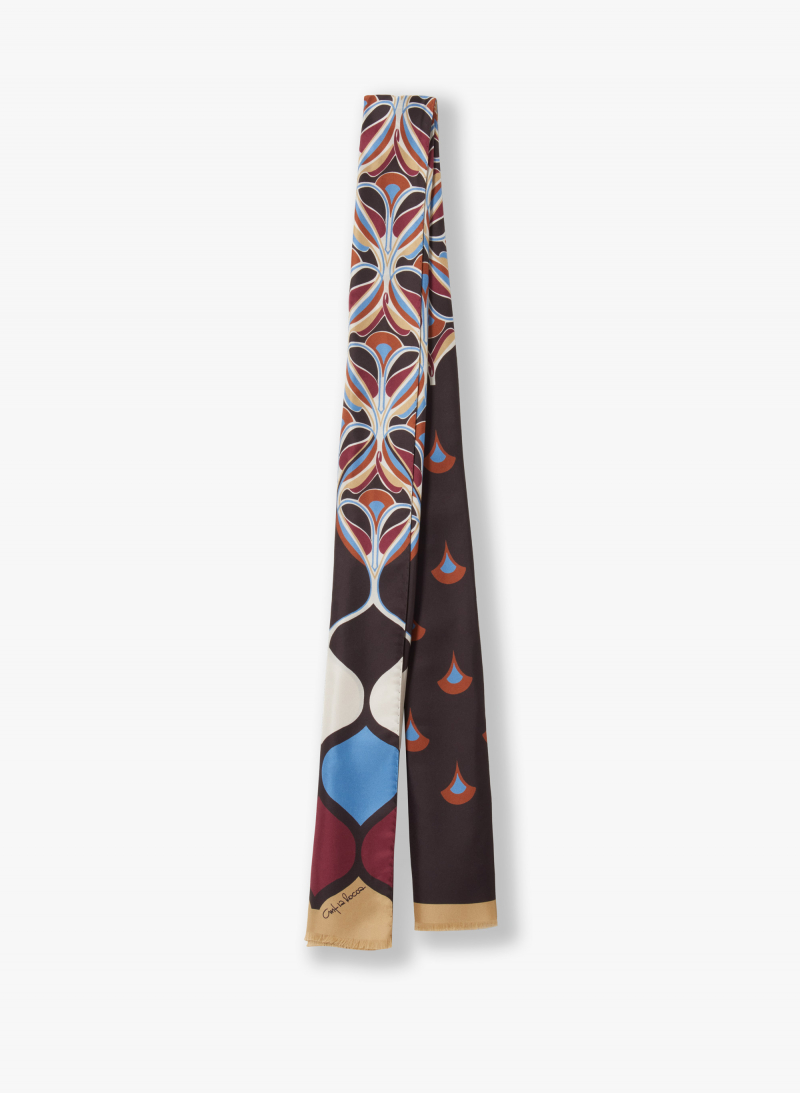 Foulard in seta con fantasia floreale geometrica marrone