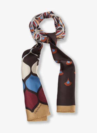 Foulard in seta con fantasia floreale geometrica marrone