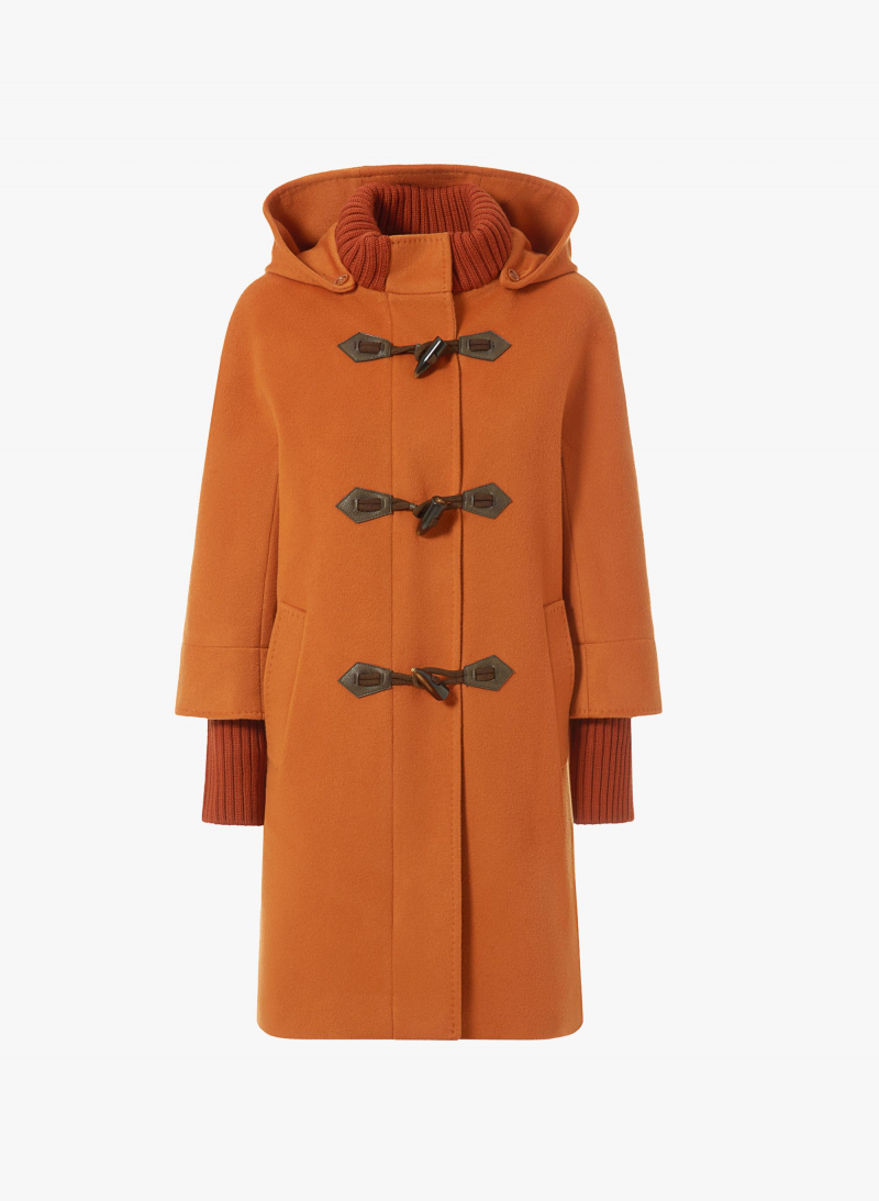 Parka arancione con cappuccio e alamari in pura lana