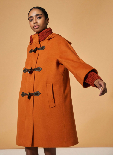 Orange pure wool parka with hood and buckles