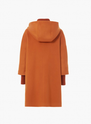 Orange pure wool parka with hood and buckles