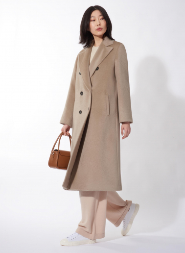 Cappotto lungo beige doppio petto 6 bottoni in alpaca e lana