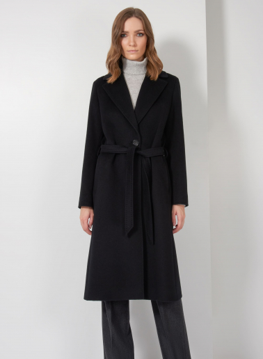 Cappotto nero con cintura in pura lana linea aderente