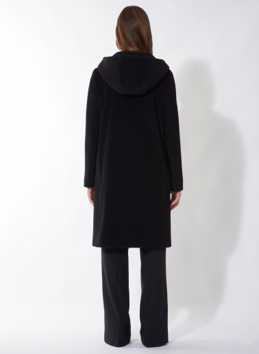 Parka nero linea dritta in lana e cashmere con cappuccio
