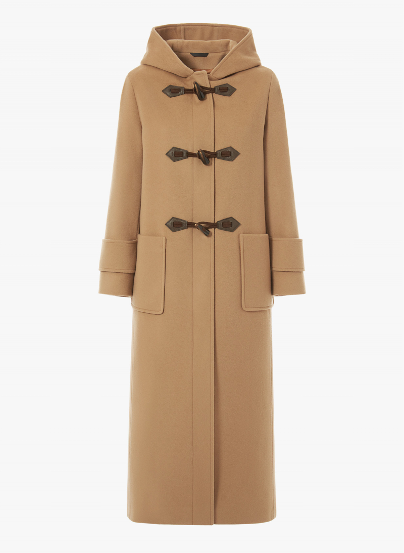 Maxi camel pure wool coat with hood and buckles