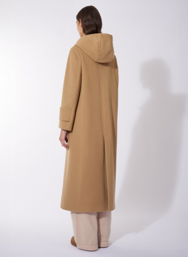 Maxi camel pure wool coat with hood and buckles