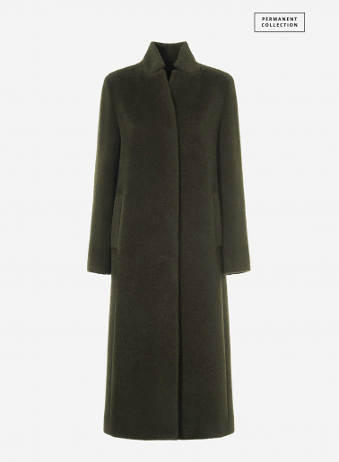 Maxi cappotto verde militare in lana e alpaca con collo a rever rovesciato
