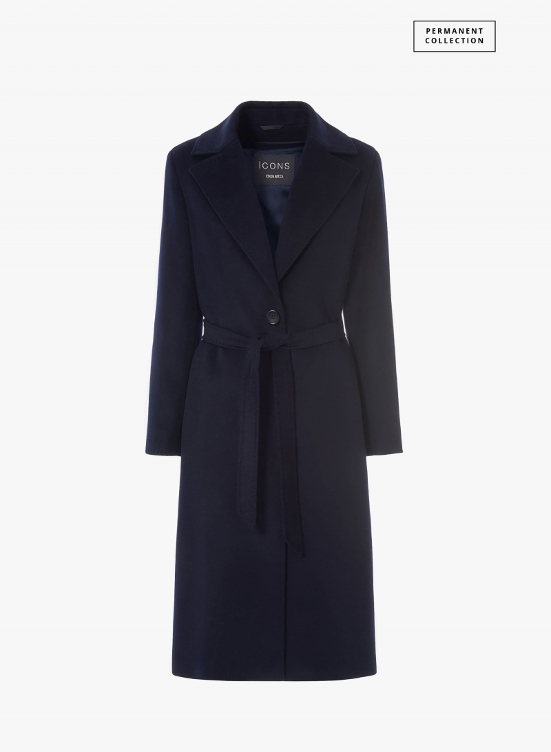 Belted fitted blue pure wool coat