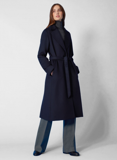 Belted fitted blue pure wool coat