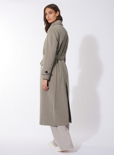 Maxi belted beige wool and cashmere trench coat