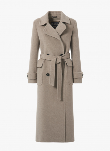 Maxi belted beige wool and cashmere trench coat