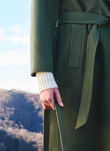 Maxi belted green wool and cashmere coat with hood