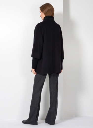 Short oversized black pure wool coat with knitted details