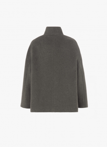 Short flared dark taupe wool coat with high collar