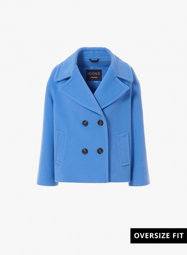 Short oversized light blue coat in pure wool with maxi notch collar |