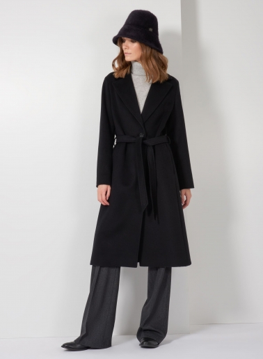 Belted fitted black pure cashmere coat