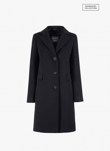 Straight black wool and cashmere coat with masculine cut