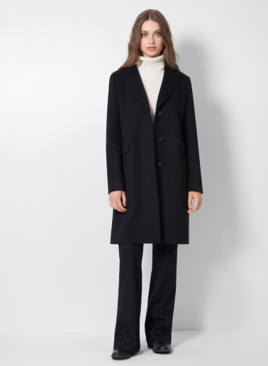 Straight black wool and cashmere coat with masculine cut