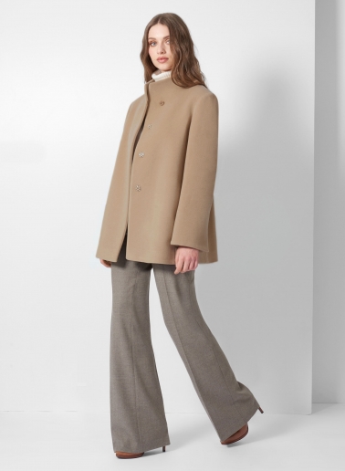 Short light camel wool and cashmere coat with high stand up collar