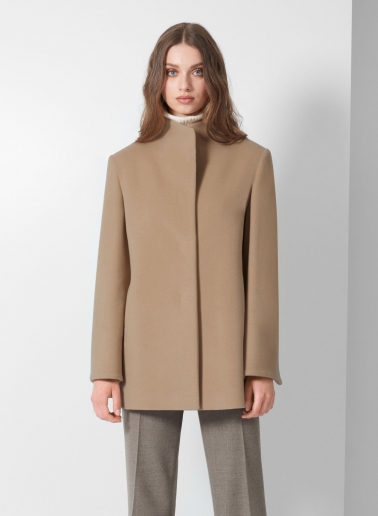 Short light camel wool and cashmere coat with high stand up collar
