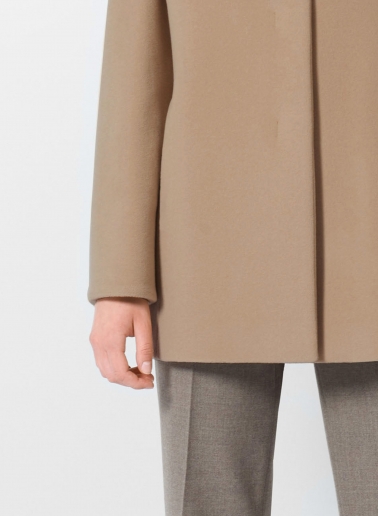 Short light camel wool and cashmere coat with high stand up collar