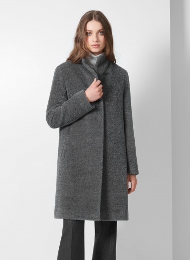 Flared grey wool and alpaca coat with high stand collar