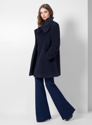 Short flared blue wool and alpaca coat with crossover collar