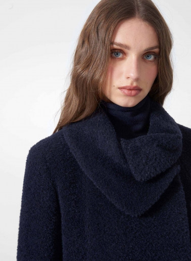 Short flared blue wool and alpaca coat with crossover collar