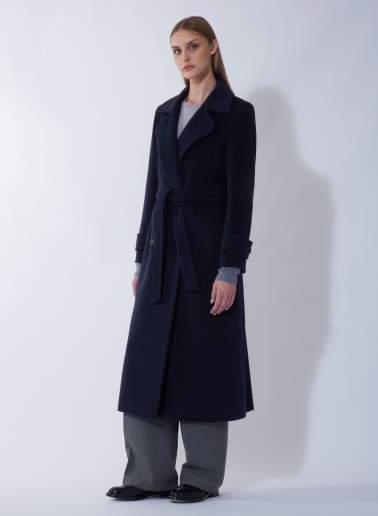 Maxi blue pure wool trench with belt