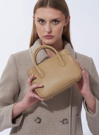 Mini light camel genuine leather tote bag