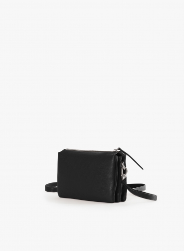 Black genuine leather crossbody bag with three compartments