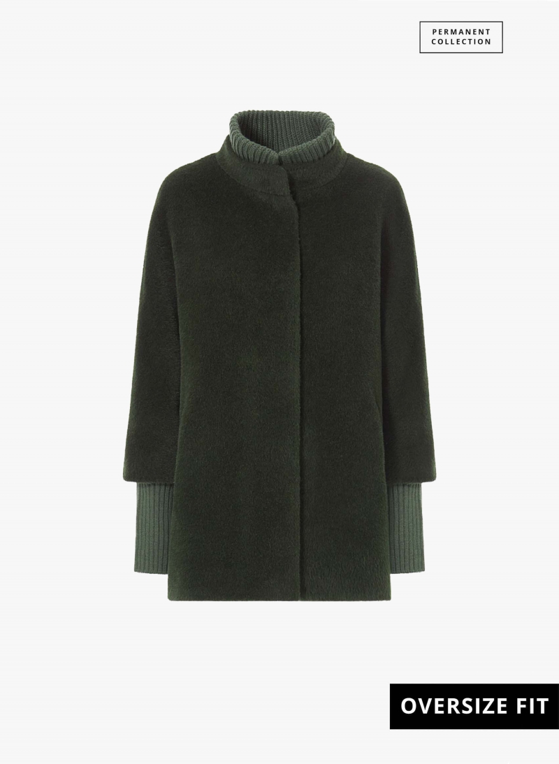 Short oversized green alpaca and wool coat with knitted details