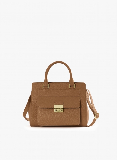 Tobacco color genuine leather structured bag with metal closure