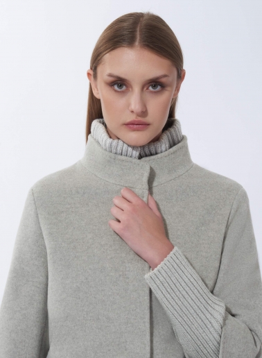 Light grey pure wool coat with detachable knitted details