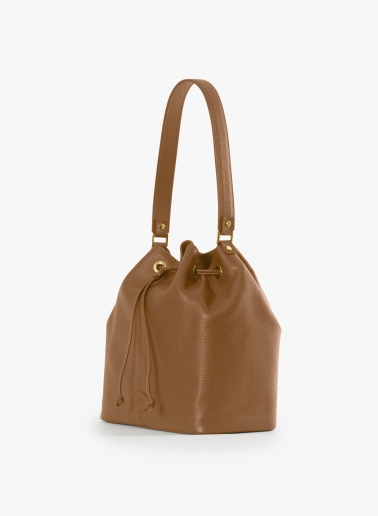 Tobacco color genuine leather bucket bag with gusset and logo