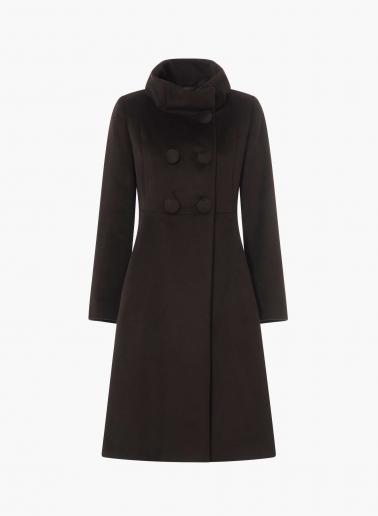 Long brown pure silk frock coat with high drape collar