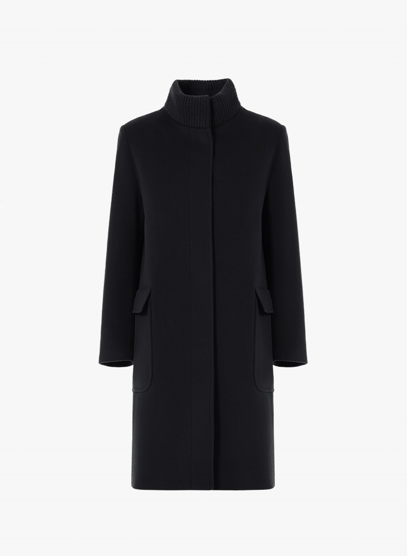 Black wool and cashmere coat with knitted collar