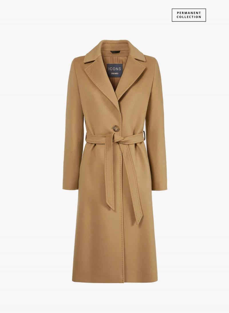 Belted fitted camel pure wool coat