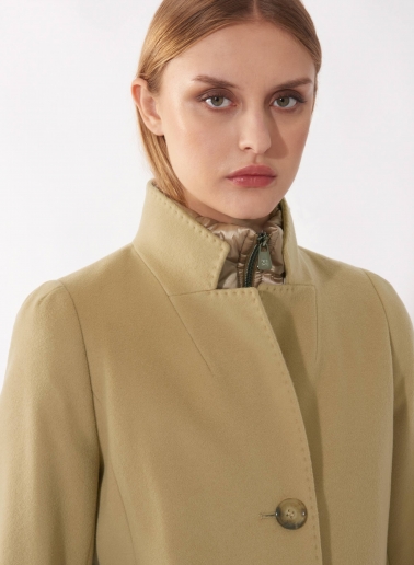Maxi camel wool coat with detachable nylon bib