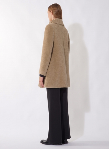 Short flared dark beige wool and alpaca coat with crossover collar