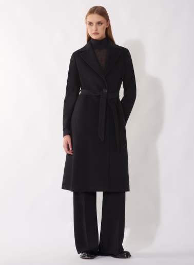 Belted fitted black pure wool coat