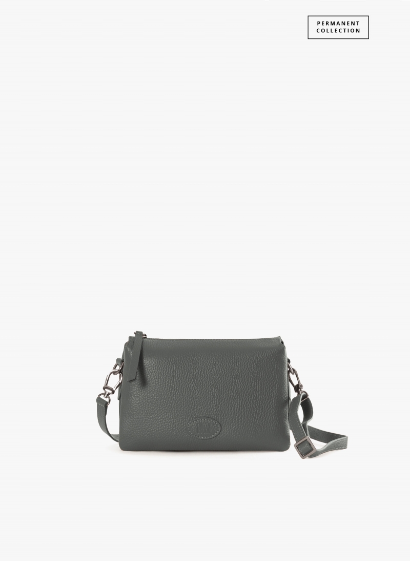 Grey genuine leather crossbody bag with three compartments