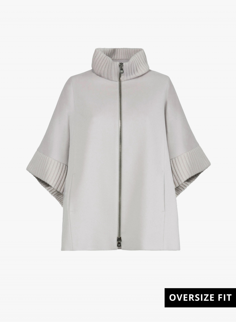Zipped pearl grey pure zibeline wool cape