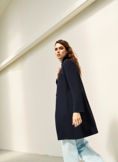 Blue stretch cotton overcoat with inverted notch collar